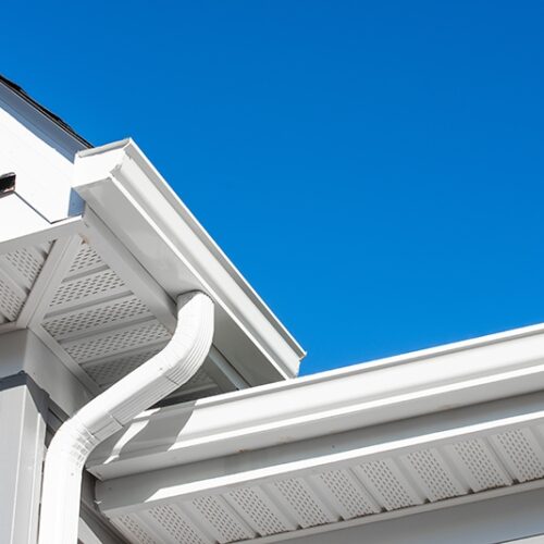 view of seamless gutters on a roof from below