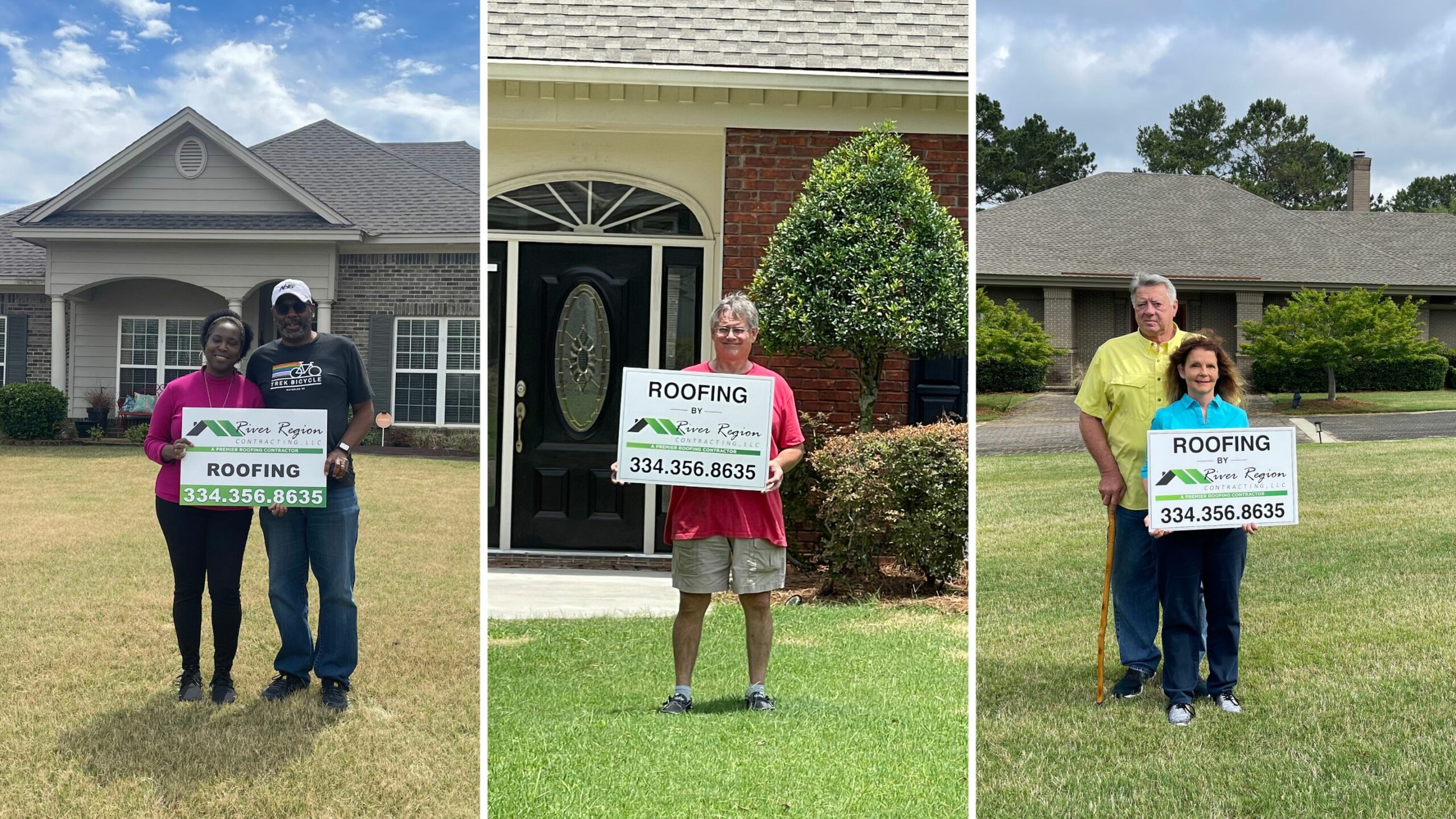 river region contracting clients holding signs in front of homes with new roofs